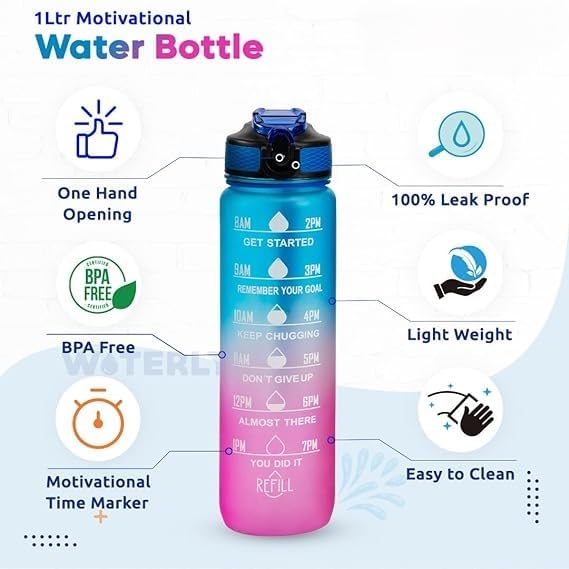 Unbreakable Silicone Water Bottle 1 Litre with Motivational Time Marker, Leakproof Durable BPA Free Non-Toxic Bottle for Office , Gym