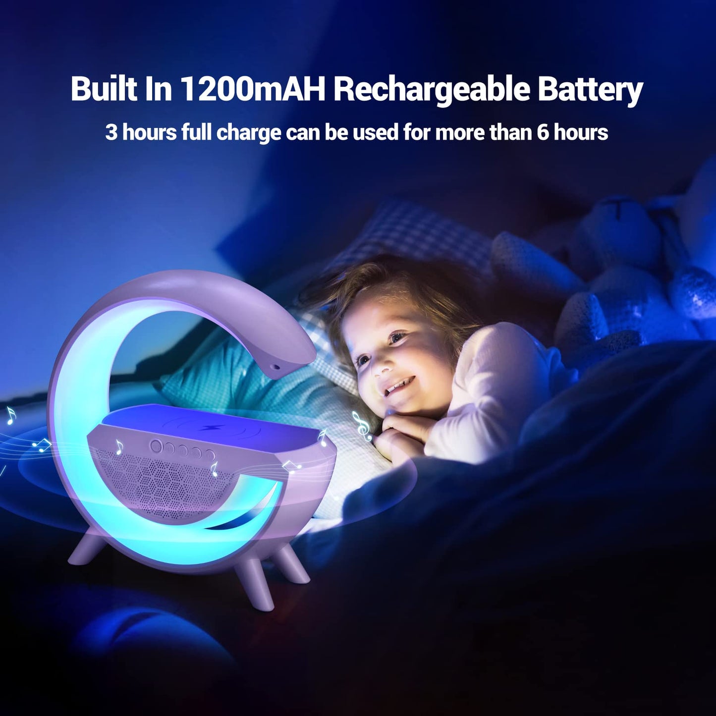 Led Ambient Lighting Night Light For Bedroom Bluetooth Speakers Atmosphere Lamp For Living Room Decor Rechargeable Battery Operated Dorm Bedside Lamps With 15W Wireless Charging Child Gift-Abs