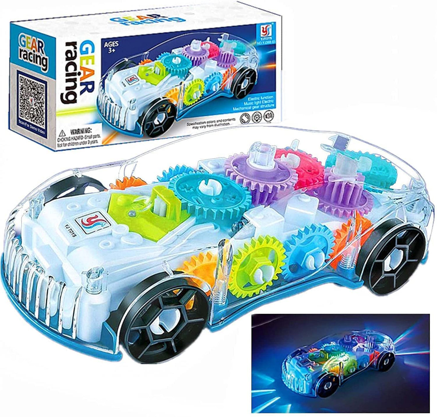 Gear Display Transparent Car Toy for Kids - 360 Degree Rotating Concept Racing Vehicle with 3D Flashing LED Lights and Music Racing Car Musical Toys 360 Degrees Rotating Transparent Concept Racing Car With Music - Pack of 1