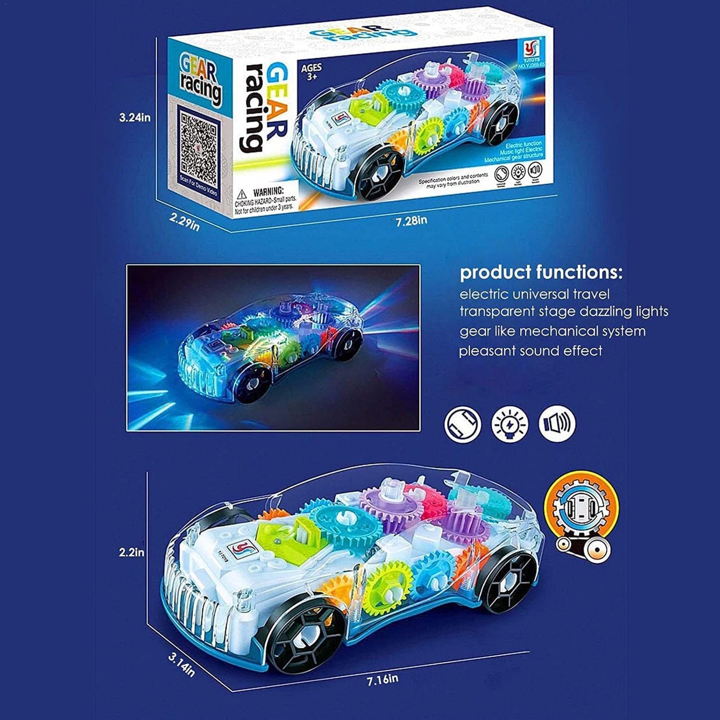 Gear Display Transparent Car Toy for Kids - 360 Degree Rotating Concept Racing Vehicle with 3D Flashing LED Lights and Music Racing Car Musical Toys 360 Degrees Rotating Transparent Concept Racing Car With Music - Pack of 1